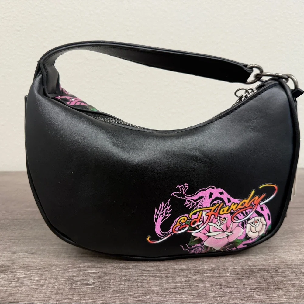 Ed Hardy Black and Pink Skull Tattoo Shoulder Bag NWT Purse - Picture 3 of 6